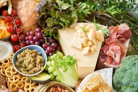 Parmesan cheese with honey close-up. Table full of mediterranean appetizers, tapas or antipasto. Assorted Italian food set. Delicious snack on party or picnic time. Italian style banquet.の写真素材