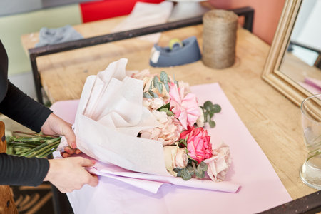 Young woman making fashion modern bouquet in korean style of different flowers. colorful color mix flower. Floral shop concept. Flowers deliveryの写真素材