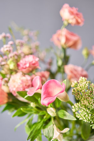 Bouquet 001. Finished flower arrangement in a vase for home. Flowers bunch, set for interior. Fresh cut flowers for decoration home. European floral shop. Delivery fresh cut flower.の写真素材