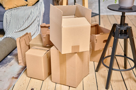 Cardboard boxes, potted plants and household stuff indoors. Moving dayの写真素材