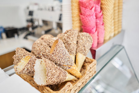 blank ice cream wafers. Waffle cones in an ice-cream shop, Italy. A variety of sugar-free vegan ice...