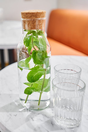A refreshing drink on a hot summer day. A table in a cafe. A decanter and two glasses. Healthy drinks, diet, detox with fruit water in glass bottle with mintの写真素材