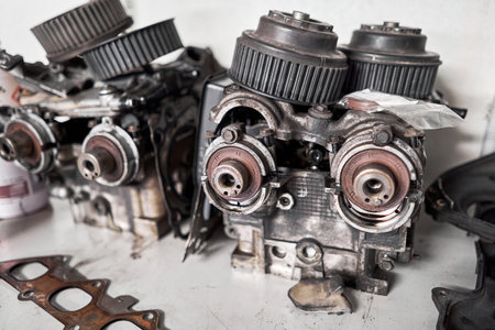 Many tools and auto spare parts car at a car repair shop. Car parts for repairs. Used vehicle part...
