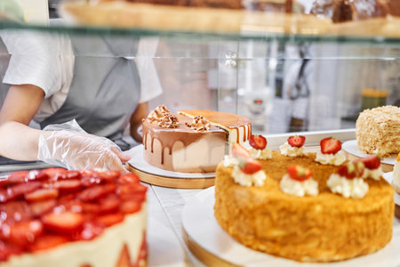 fresh pastries with berries. A variety of fresh pastries in the bakery window. Strawberry cake. The...