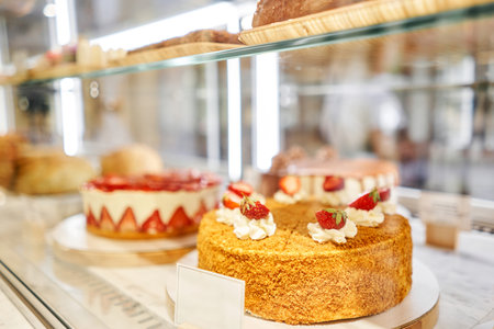 Honey cake with strawberries. fresh pastries with berries. A variety of fresh pastries in the bakery window. Strawberry cake. The interior of an Italian restaurant.の写真素材