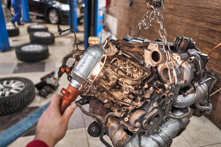A car mechanic inspects the engine with a flashlight. Engine Block on a repair stand with Special...