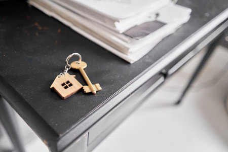 Key with house shaped keychain on dust table . Modern light apartment interior. Mortgage concept. Real estate, moving home or relating property.. High quality photoの写真素材