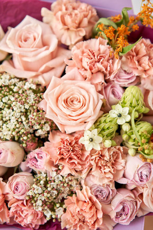 close up Beautiful bouquet of flowers on table. Floral shop concept . Beautiful fresh cut bouquet. Flowers deliveryの写真素材