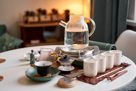 Brewing white tea in a transparent teapot. Everything is ready for the tea ceremony. The ceremony is according to all the rules, but not in the classical style. Adapted to a modern apartment.の写真素材