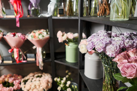 Ready-made bouquets for sale. Many different flowers on Showcase. Background of mix of flowers. Beautiful flowers for catalog or online store. Floral shop and delivery concept.の写真素材