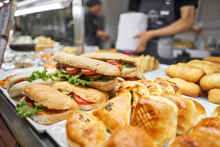 Fresh sandwiches, pies and pizza to choose from in the window of a cafe, buffet or self-service...
