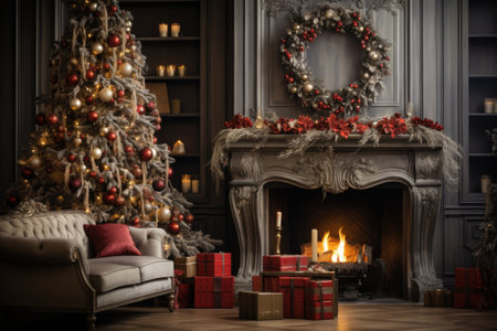 Calm image of christmas interior. Classic New Year Tree decorated in a room with fireplace.の素材