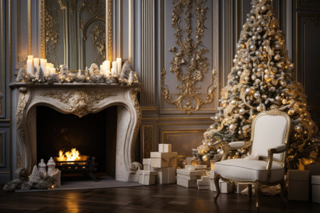 Calm image of christmas interior. Classic New Year Tree decorated in a room with fireplace.の素材