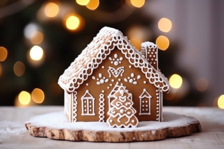 Gingerbread house on table. Defocused lights of Christmas garland. Evening in the living room. Holiday mood.の素材