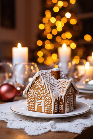 Gingerbread house on table. Defocused lights of Christmas garland. Evening in the living room. Holiday mood.の素材