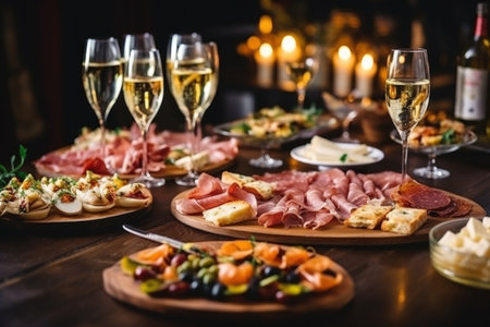 Light snacks in a plate on a buffet table. Assorted mini canapes, delicacies and snacks, restaurant food at event. A gala reception. Decorated delicious table for a party goodies.の素材