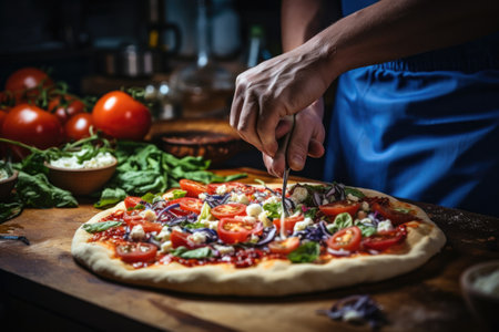 Closeup hand of chef baker in uniform blue apron cutting pizza at kitchen. Or makes the final touches to the preparation of pizza. Sprinkles it with parmesan cheeseの素材