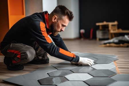 Male worker installing new wooden laminate flooring. The combination of wood panels of laminate and ceramic tiles in the form of honeycomb. Kitchen renovation.の素材