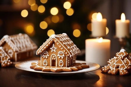 Gingerbread house on table. Defocused lights of Christmas garland. Evening in the living room. Holiday mood.の素材