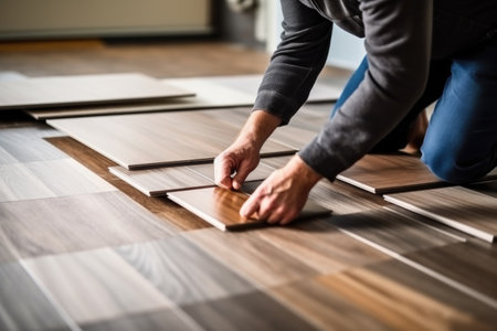 Male worker installing new wooden laminate flooring. The combination of wood panels of laminate and ceramic tiles in the form of honeycomb. Kitchen renovation.の素材