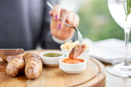 A piece of sausage is dipped in sauce. Lunch in a restaurant, a woman cuts Grilled sausages. Barbecue restaurant menu, a series of photos of different means.の写真素材