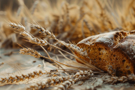 The concept of baking bread. Various breads and wheat varieties displayed on the tableの素材