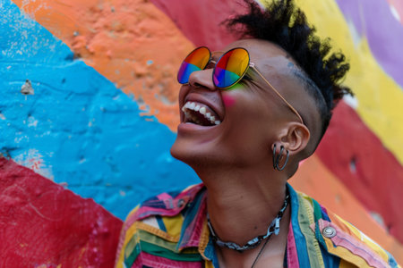 A man in sunglasses and a colorful shirt is smiling in front of a rainbow wall. LGBTの素材