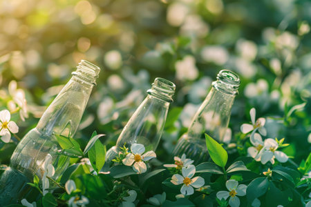 Three plastic bottles with a green recycling symbol on a wooden surfaceの素材