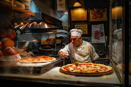 The chef Man smiling at a table with pizza, plant, and cheese in front of himの素材