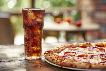 Woman enjoying pizza and wine at table, fast food feastの素材