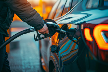 Man refuels car with various parts at gas stationの素材
