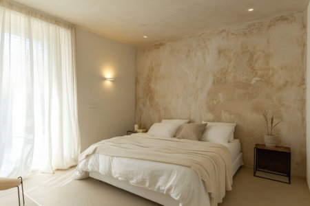 The bedroom has a spacious bed and a big window for natural lightの素材