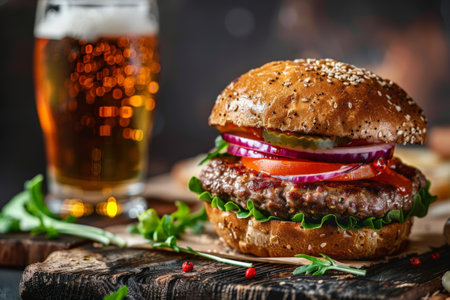 Hamburger and beer on table classic staple food pairingの素材