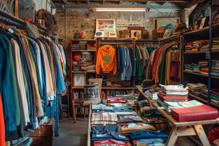 European secondhand. Store with clothes and books organized on shelves for customersの素材