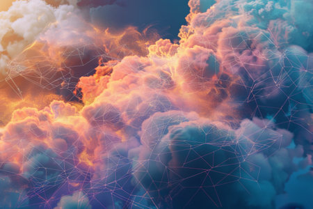 Cumulus clouds drift in the electric blue sky at sunsetの素材