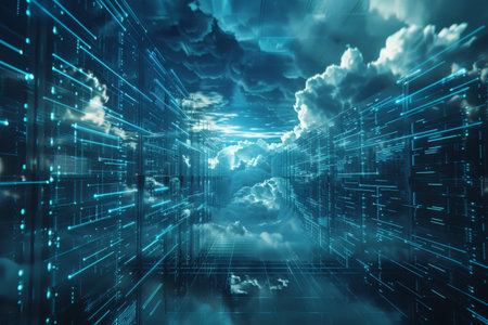 Rows of servers fill a long building hallway in a data centerの素材