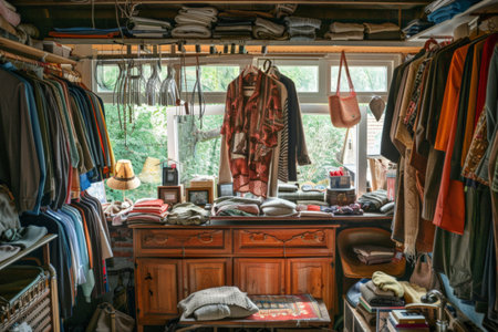 European secondhand. Store with clothes and books organized on shelves for customersの素材