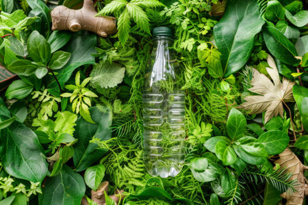 Three plastic bottles with a green recycling symbol on a wooden surfaceの素材