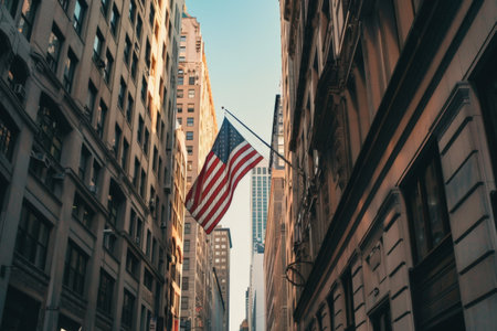 US flag flying in city street amidst towering buildingsの素材