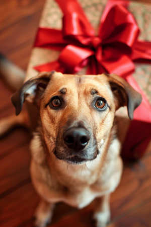There is a dog sitting in front of a stack of holiday giftsの素材