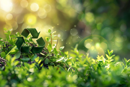 A plantthemed recycling symbol surrounded by lush green leavesの素材