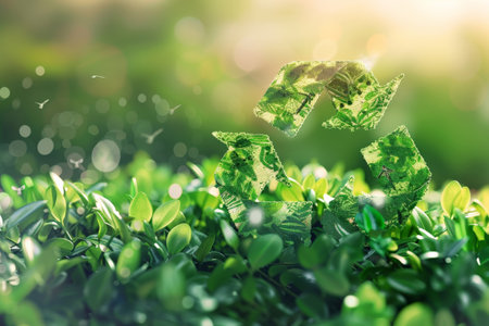 A plantthemed recycling symbol surrounded by lush green leavesの素材