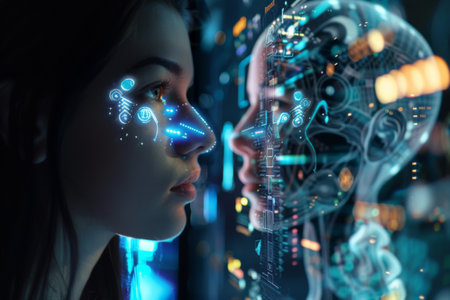 A woman is observing the robots facial features like jaw and eyelashesの素材