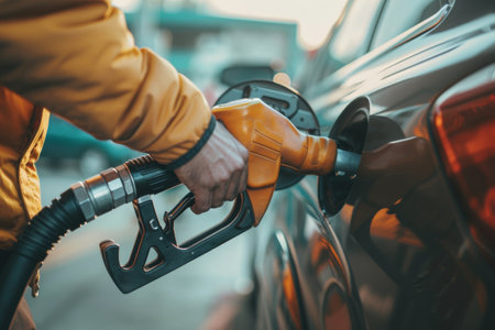 At a gas station, a person in a yellow jacket is fueling up a car using a fuel nozzleの素材