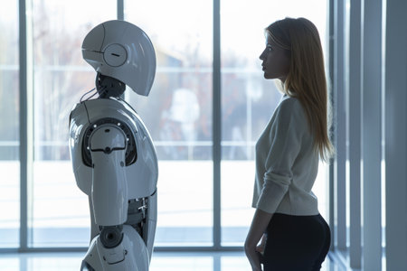A woman is observing the robots facial features like jaw and eyelashesの素材