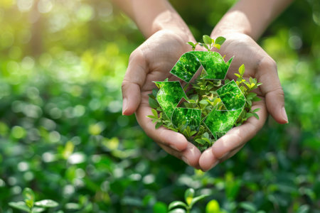A plantthemed recycling symbol surrounded by lush green leavesの素材