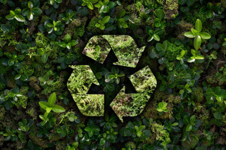 A plantthemed recycling symbol surrounded by lush green leavesの素材