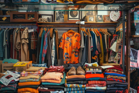 European secondhand. Store with clothes and books organized on shelves for customersの素材