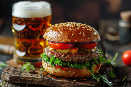 Hamburger and beer on table classic staple food pairingの素材