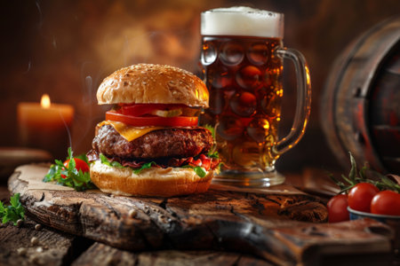 Hamburger and beer on table classic staple food pairingの素材
